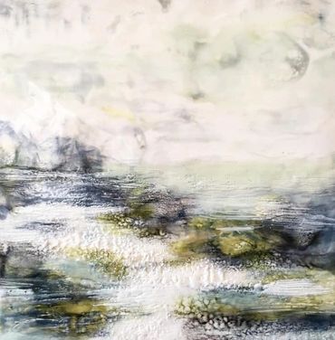 encaustic waterscape with textured areas in whites and greens