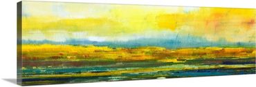 Yellow and teal abstract landscape canvas print, horizontal large yellow landscape paintings unique