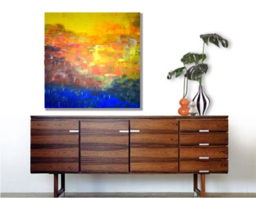 Cobalt blue yellow and orange abstract mid century modern original painting on canvas large canvas