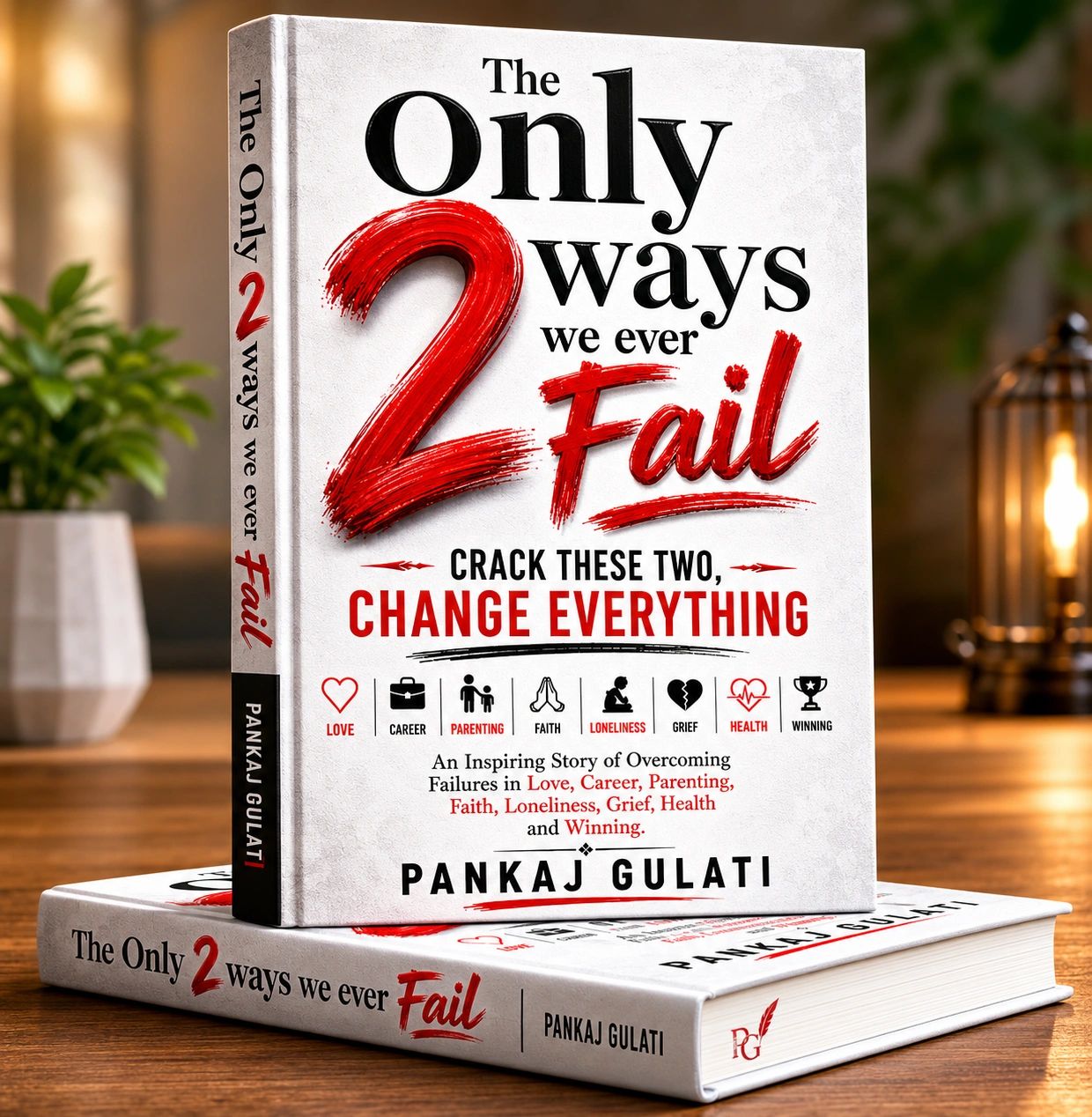 Book titled 'The Only 2 Ways We Ever Fail' by Pankaj Gulati on a wooden table.