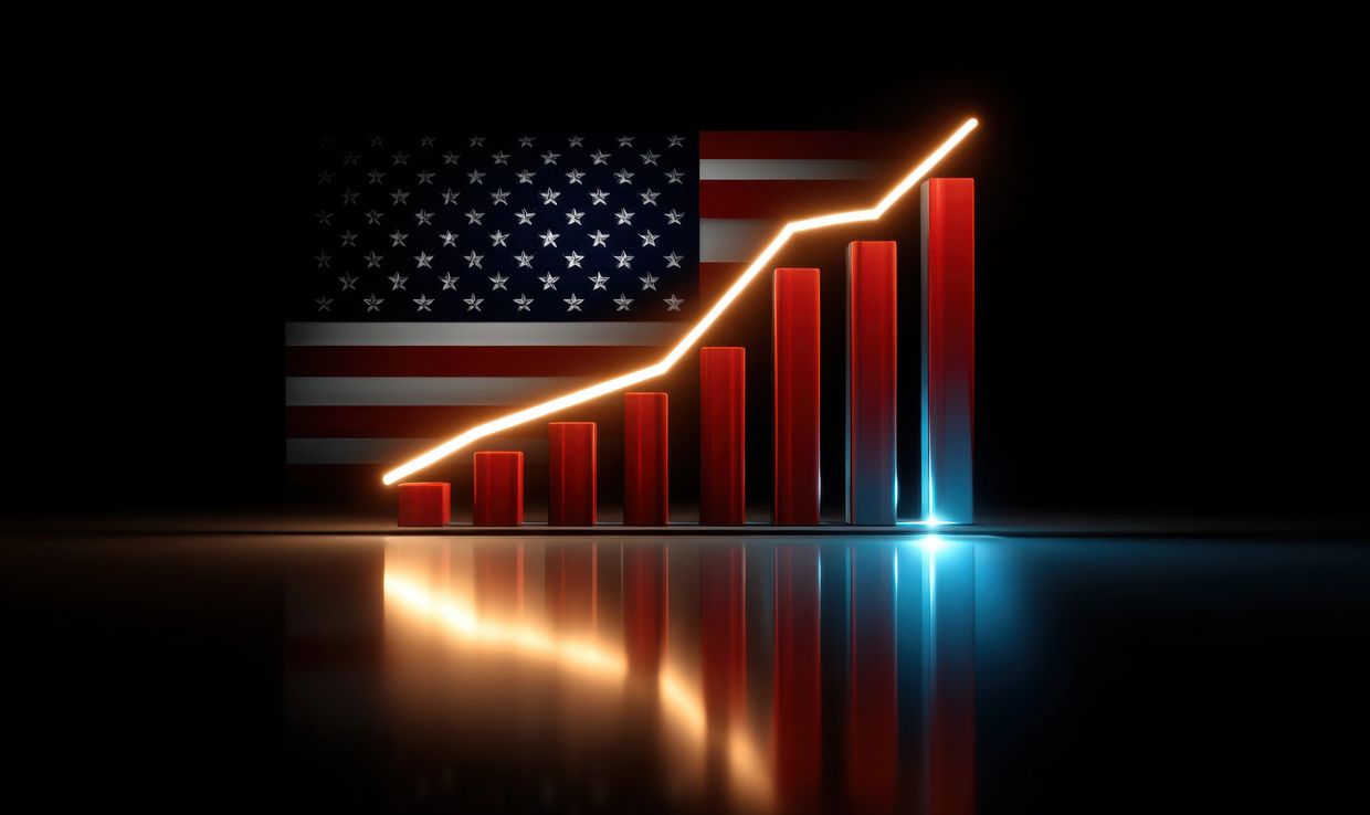 Rising bar chart with American flag showing investment growth and financial performance.