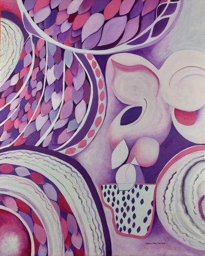 Abstract purple and pink shapes with a dotted pot.