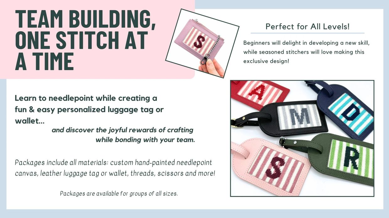 promotional banner for team building needlepoint workshops including custom canvas and instruction