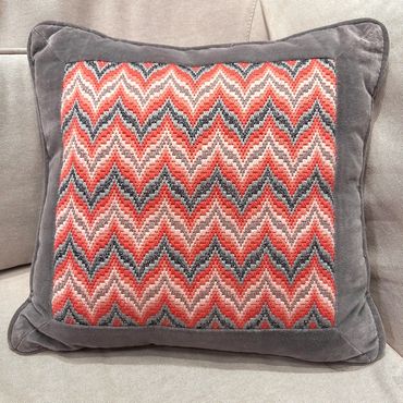 grey, coral and pink flame stitch bargello pillow