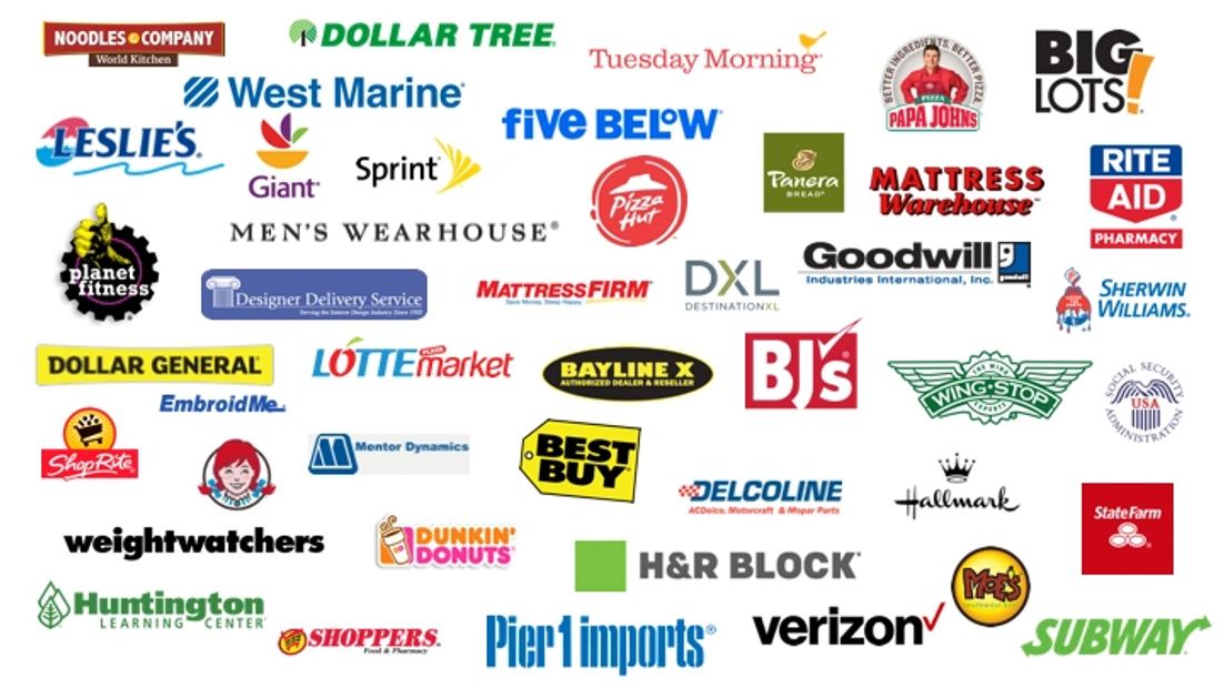 Large collage of 45 retail tenant logos as examples of national and local tenants 