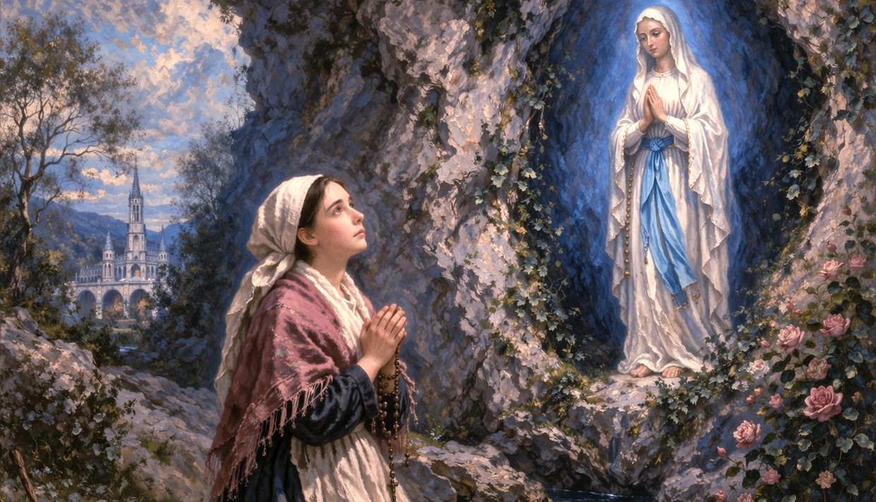A young woman prays to the apparition of the Virgin Mary in a rocky grotto.
