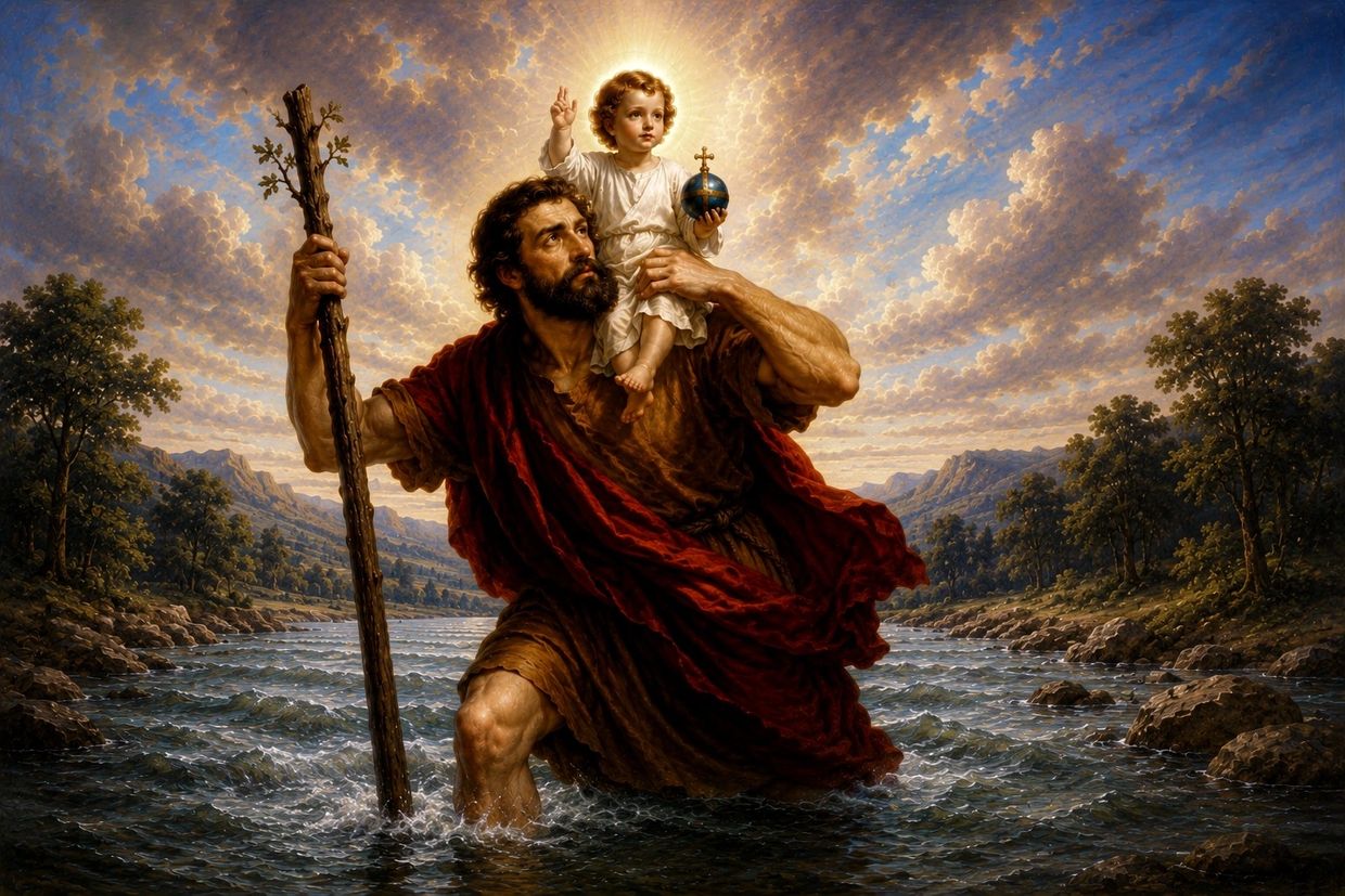 A man carrying a child with a glowing halo across a river.