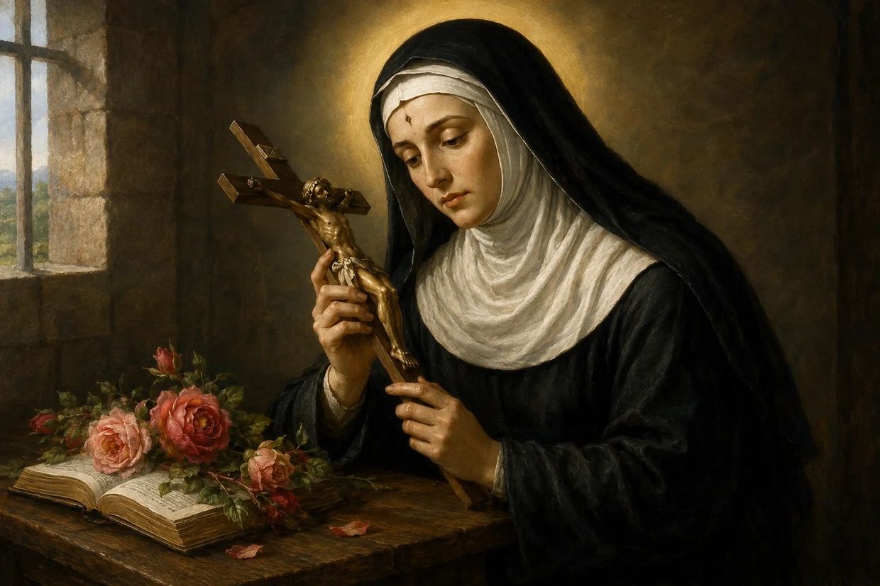 A nun in deep prayer holding a crucifix, with roses and an open book on the table.
