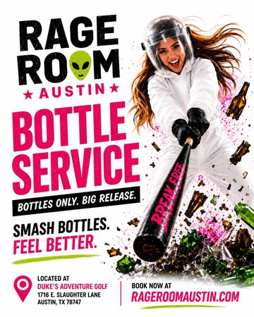 Woman smashing bottles for stress relief at Rage Room Austin.