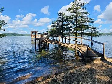 Paved path leading through trees to water.