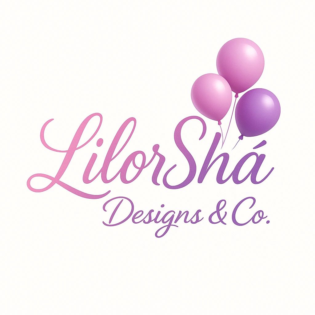 Elegant logo for LilorShá Designs & Co. with pink and purple balloons.