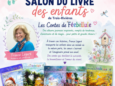 Affiche du salon du livre des enfants avec des livres et une auteure.