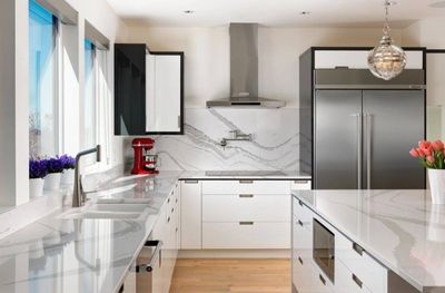 high gloss white custom cabinets kitchen grey white millwork Brittanica quartz