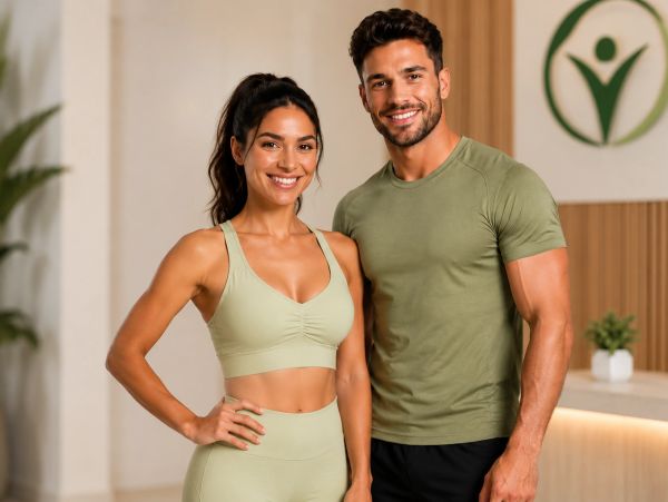Pareja sonriente en ropa deportiva en un gimnasio.