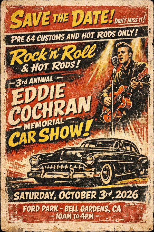 Vintage poster for Eddie Cochran Memorial Car Show with rock'n'roll theme.