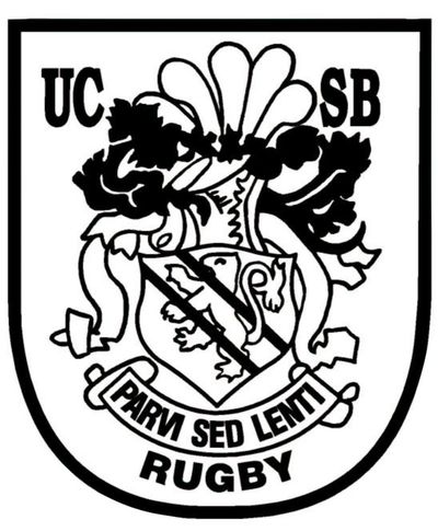 Black and white UC Santa Barbara rugby emblem with a lion and motto.