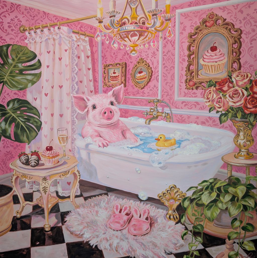 A piglet in a bathtub with pink walls, roses, champagne and chocolate covered strawberries.
