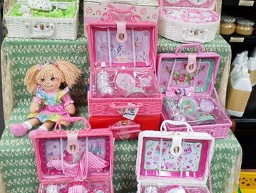 Ceramic and Tin Tea Sets in baskets for young children!
