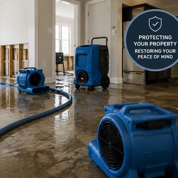 Blue industrial fans drying a flooded room.