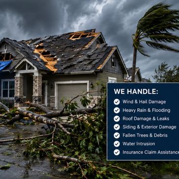 Storm-damaged house with downed trees and repair service offers.