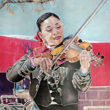 Woman in traditional dress playing violin.