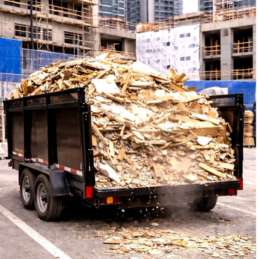 Demolition debris loaded into trailer during renovation cleanup in Houston Texas.