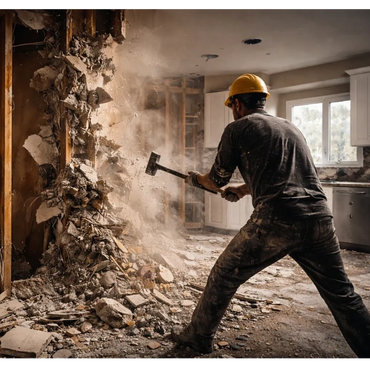 Interior demolition and drywall removal during home renovation in Houston Texas.