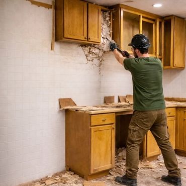 Kitchen cabinet demolition during residential renovation project in Houston Texas.