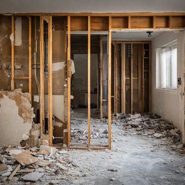Interior walls removed exposing framing during renovation demolition in Houston Texas.