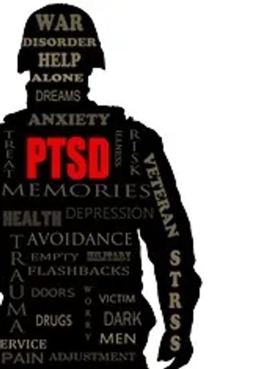 Silhouette of soldier filled with PTSD-related words highlighting mental health struggles.
