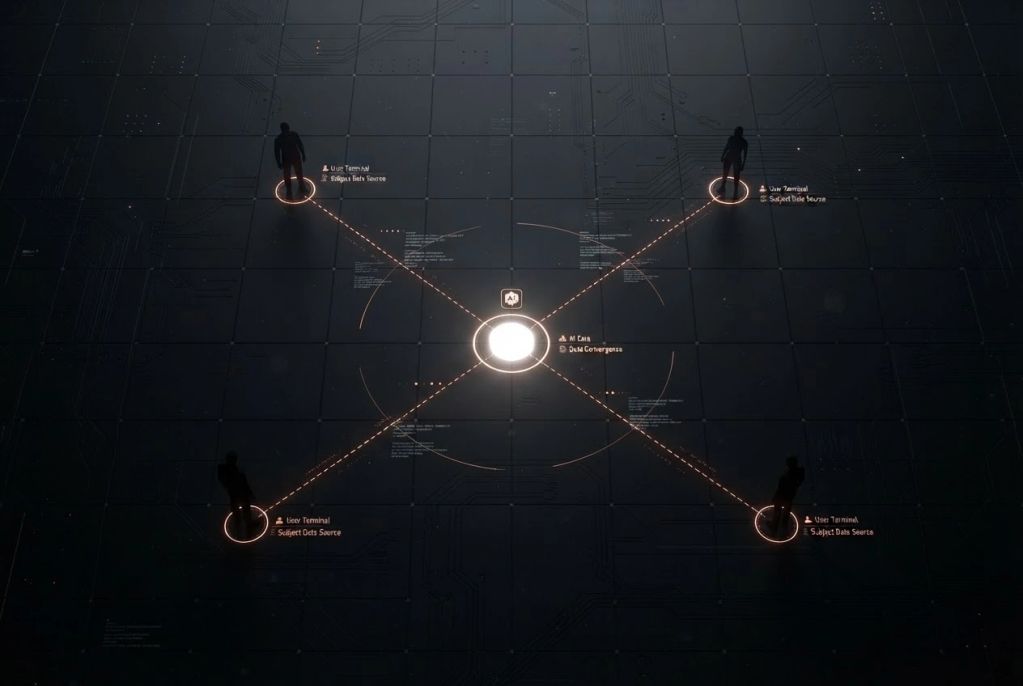 Digital network showing four users connected to a central node.