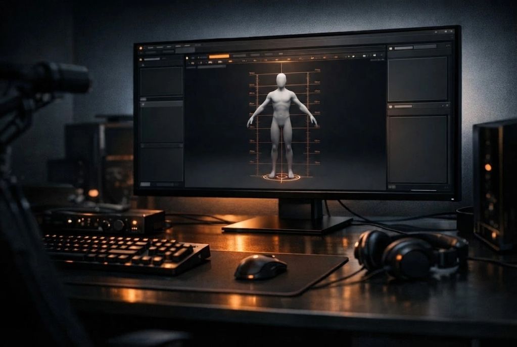 Computer screen displaying a 3D human model in a dark workspace.