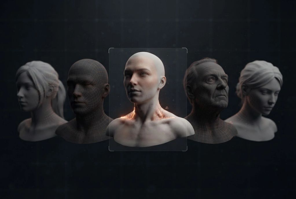 3D human bust models with futuristic digital effects.