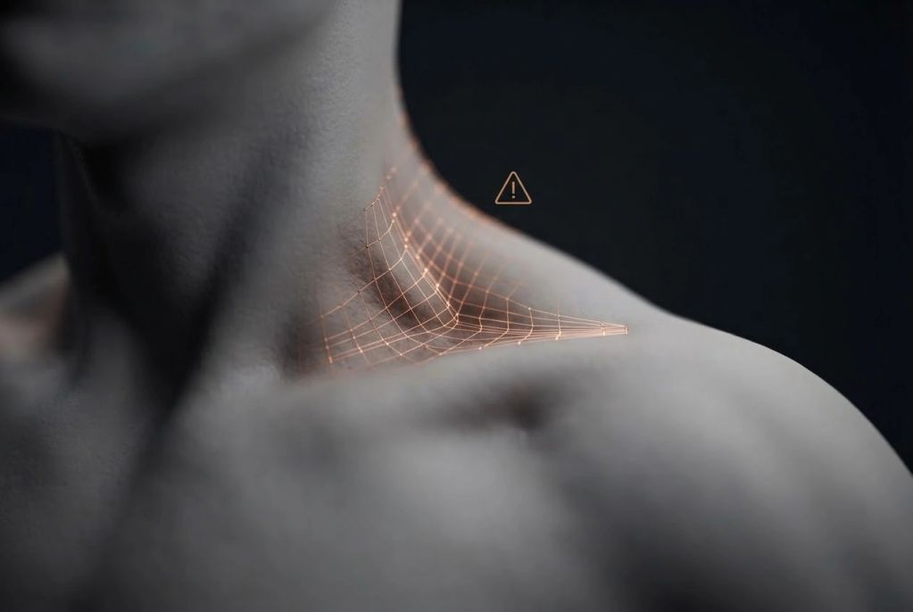 Digital mesh highlighting neck and shoulder area with warning sign.