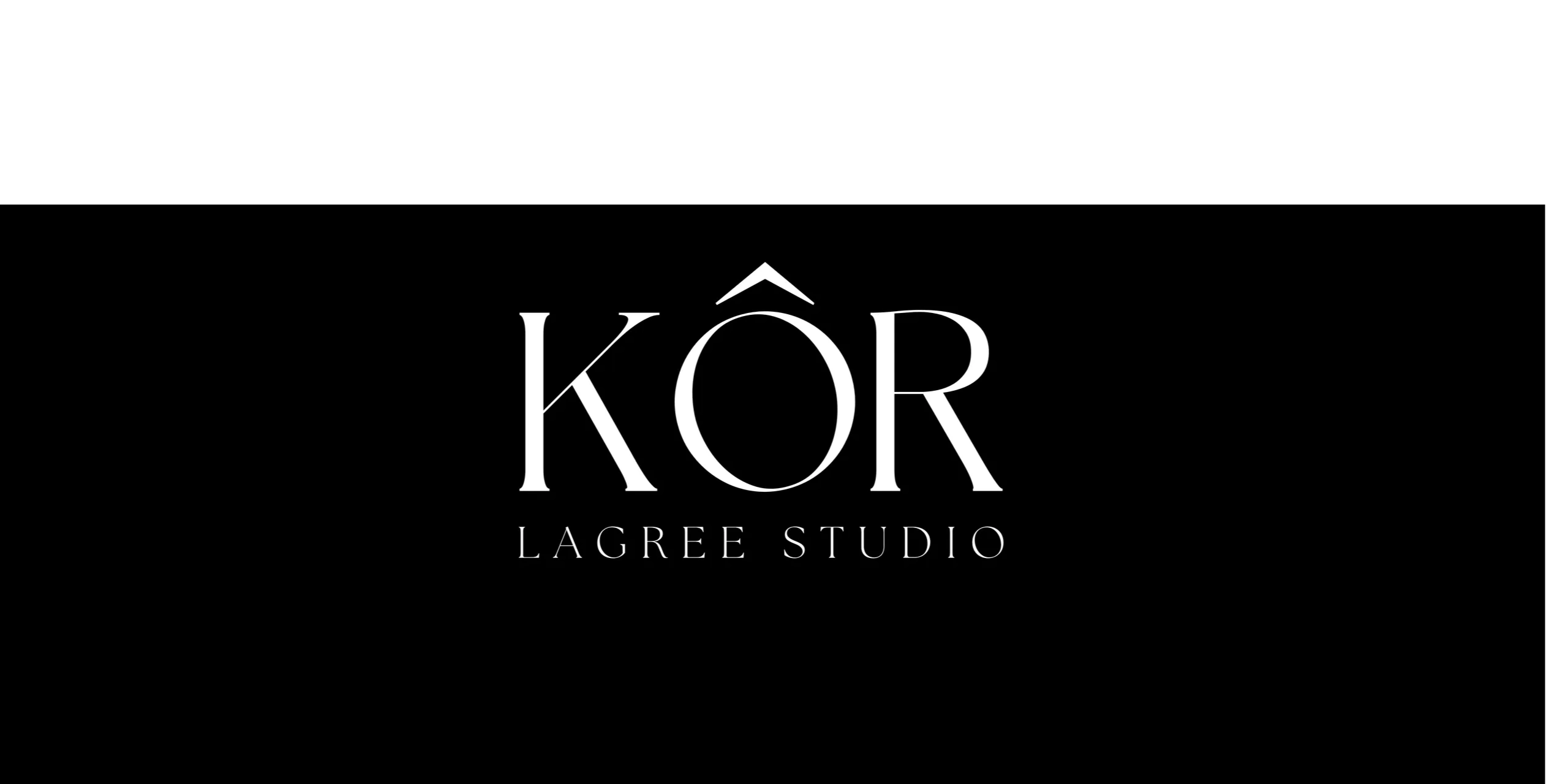 Logo of Kôr Lagree Studio with elegant white text on black background.
