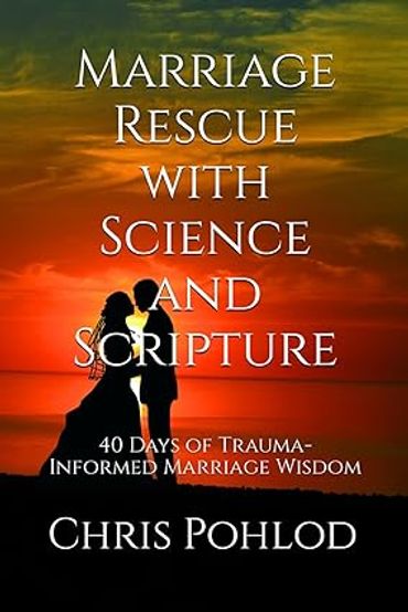Book cover, colored with red sunset, with a man and woman getting married titled "Marriage Rescue".