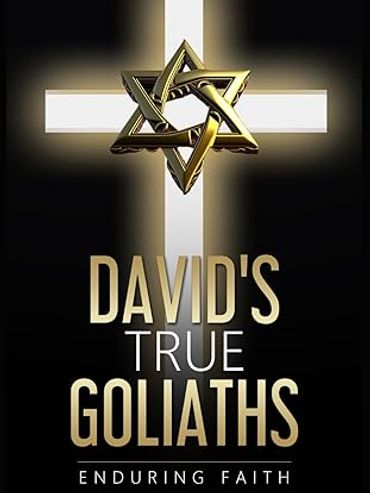 A Christian Book with a white cross and Jewish symbol titled  David's True Goliaths.