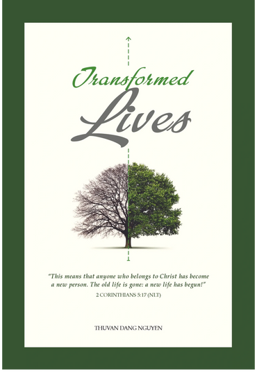 A book cover with a green tree with a solid off-white background for the book Transformed Lives.