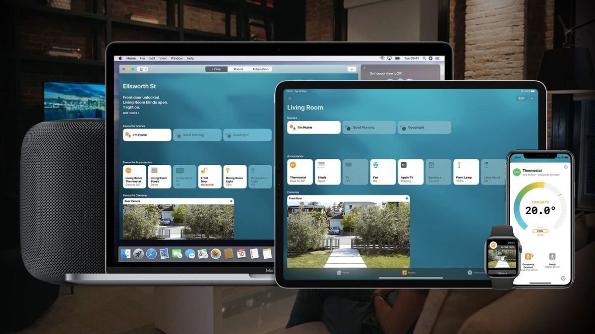 An Apple Watch, iPhone, iPad, MacBook, and HomePod all opened on home app