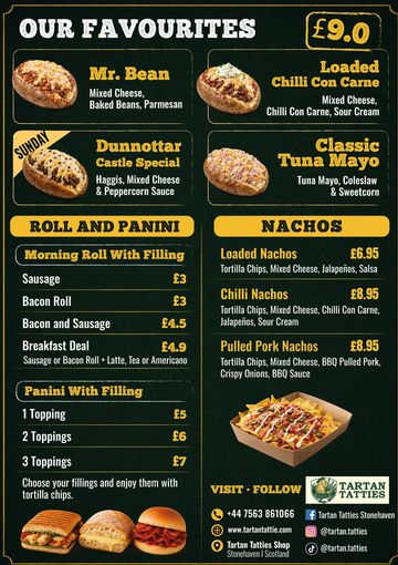 Menu featuring favorites, rolls, paninis, and nachos with prices.