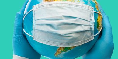 World map with surgical mask, Travel-Mingo guides global health with WHO.