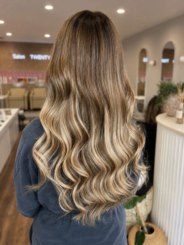 Long wavy hair with blonde highlights in a salon setting.