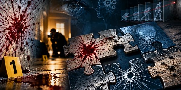 Crime scene investigation with blood splatter and puzzle pieces.