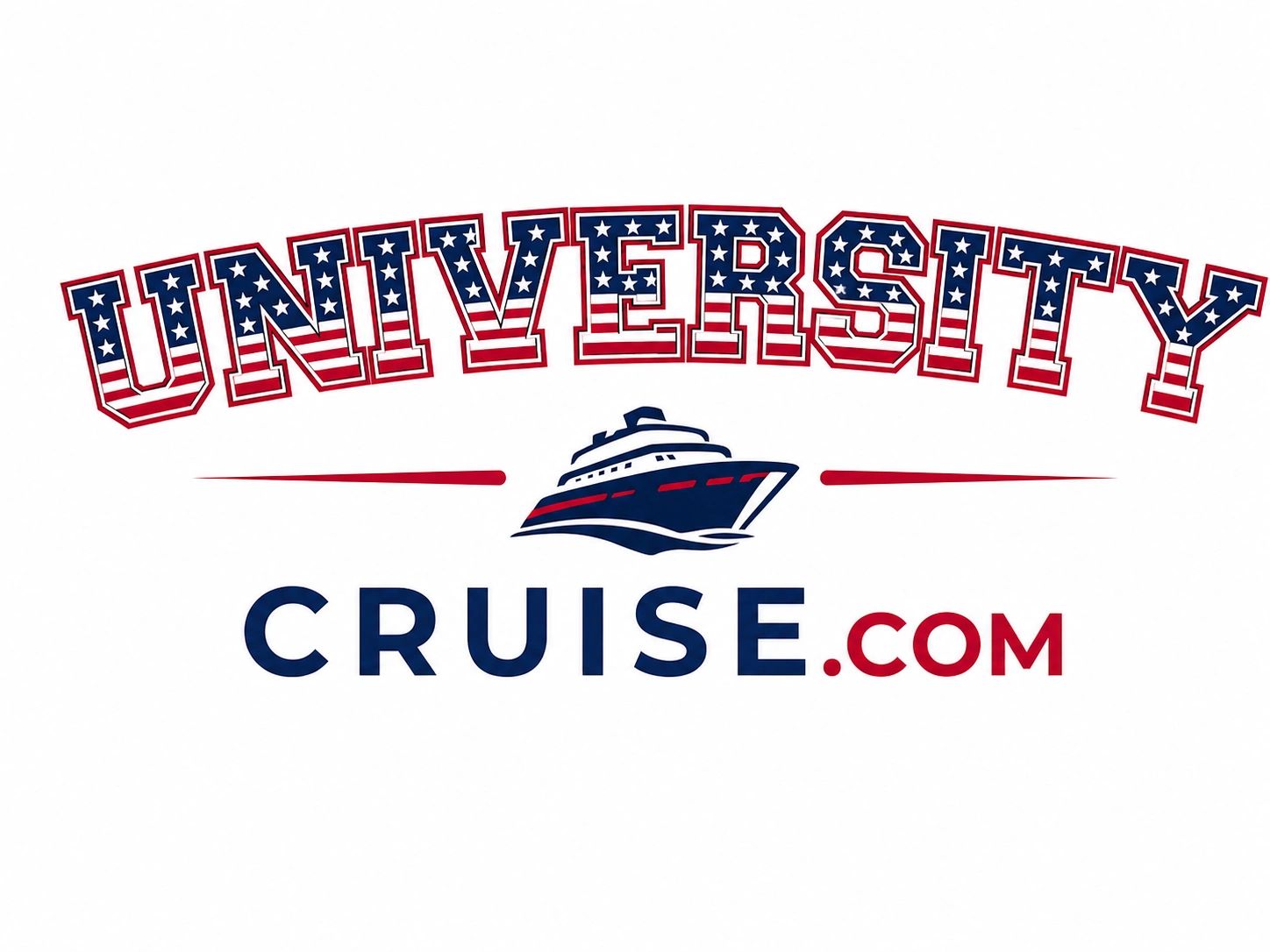 Logo of UniversityCruise.com with patriotic-themed text and a cruise ship illustration.