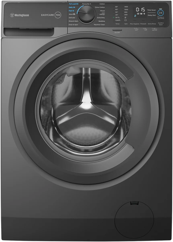 Front-loading Westinghouse washing machine with digital display and multiple wash settings.