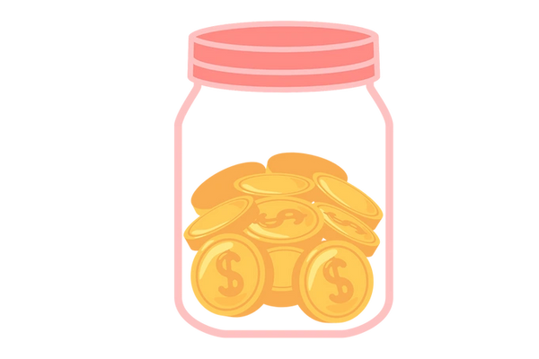 That image shows a glass jar with a pink or red lid, filled with gold coins dollar sign ($) on them.