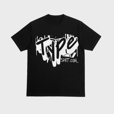 Black t-shirt with bold graffiti-style "Type Shit.com" print.