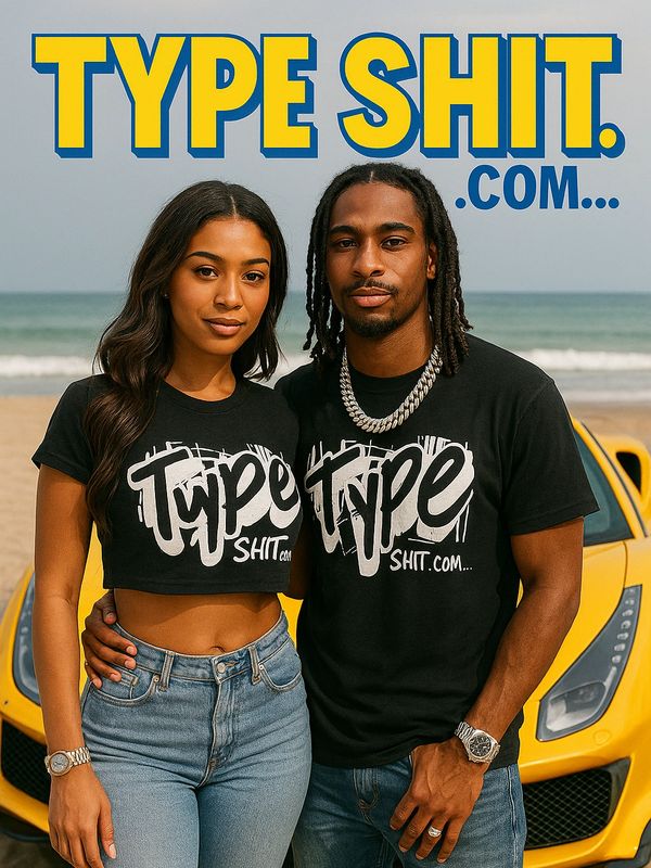 Young couple wearing matching graphic tees by the beach with a yellow sports car behind.