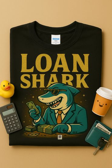 Black sweatshirt with 'Loan Shark' graphic and shark in suit holding money.