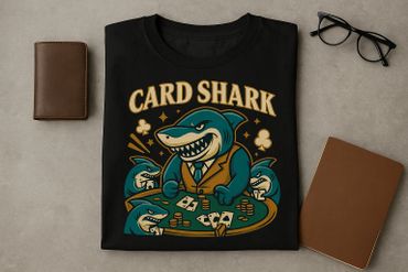 Black T-shirt with a cartoon design of sharks playing cards labeled 'Card Shark'.